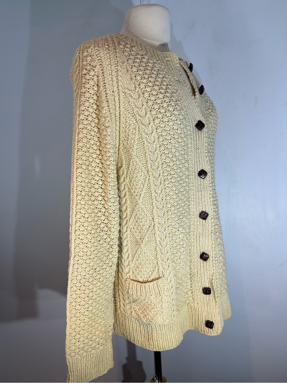 Vintage Wool Fisherman Cable Knit Cardigan Sweater XL Cream - Picture 9 of 10